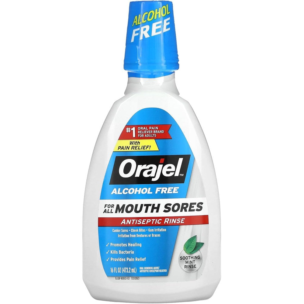 Orajel Alcohol Free Antiseptic Mouth Sore Rinse 16 ounce front bottle view for canker sore relief.