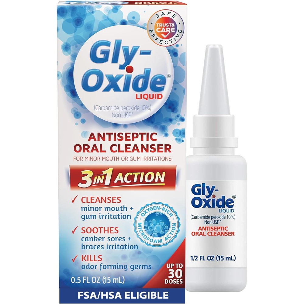 Gly-Oxide Alcohol-Free Antiseptic Mouth Sore Rinse 0.5 Fluid Ounce front packaging