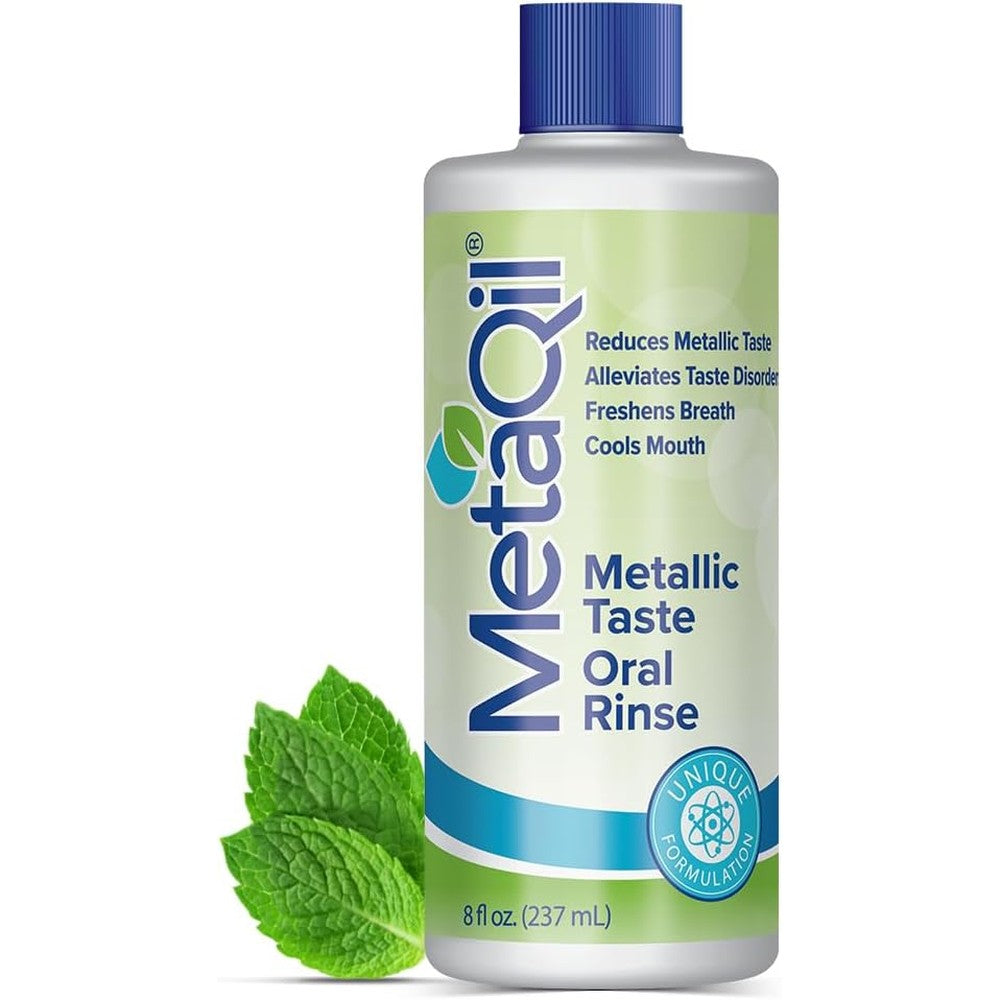 MetaQil Oral Rinse 8 ounce bottle front view for metallic taste relief.