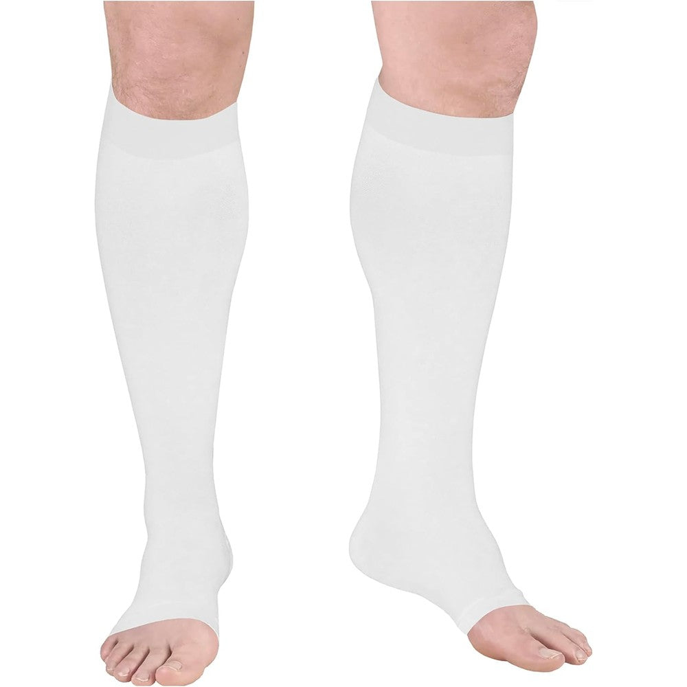 Truform Surgical Stockings, 18 mmHg Compression for Men and Women, Knee High Length, Open Toe, White, Large