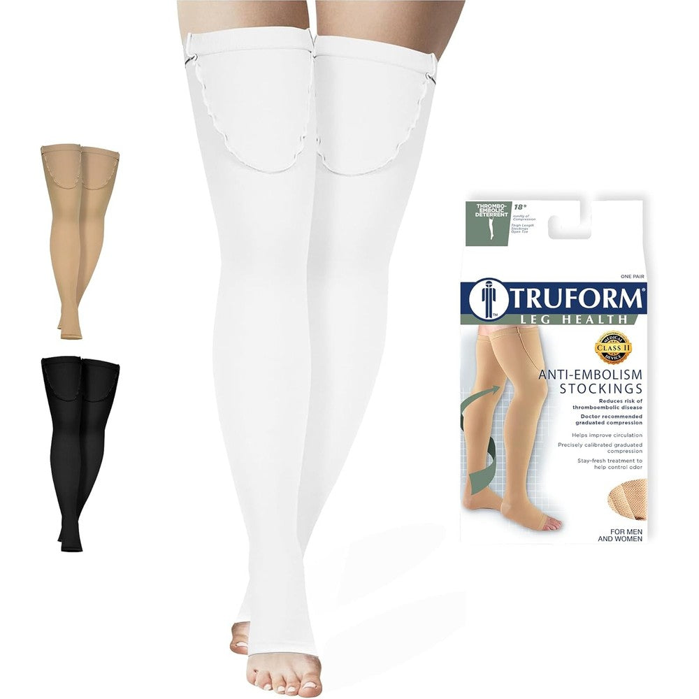Truform Anti Embolism Stockings, Thigh High Post Surgery Recovery Hospital Style, 18 mmHg Compression for Men and Women, Full Length Ted Hose, Open Toe, White, Large
