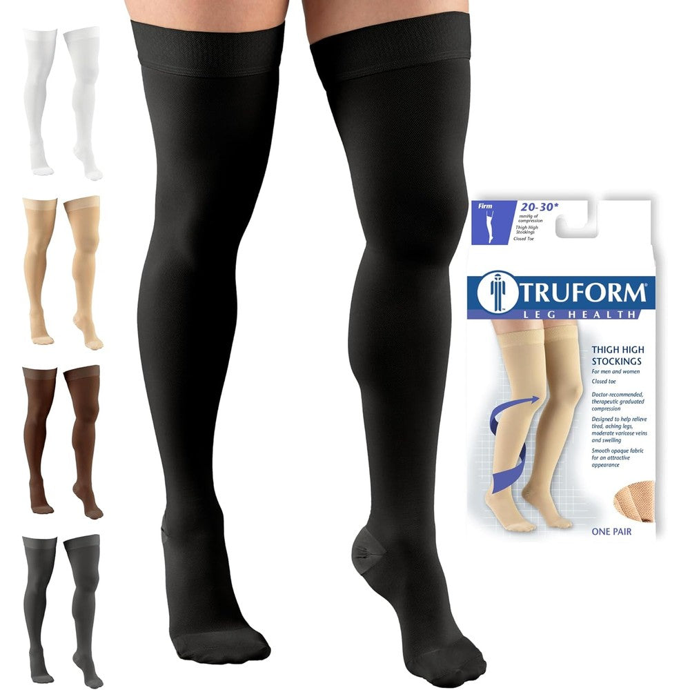 Truform 20-30 mmHg Compression Stockings for Men and Women, Thigh High Length, Dot Top, Closed Toe, Black, Medium