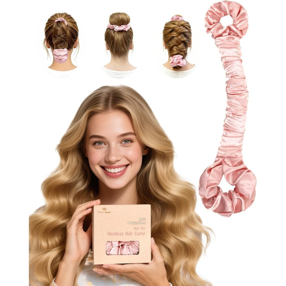 BONNET QUEEN satin heatless hair curler set in cream pink front view showcasing the large curling rod and integrated scrunchie