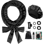 Gwabee satin heatless overnight hair curlers 9 piece black set front view showcasing the 70 inch curling rod and accessories.