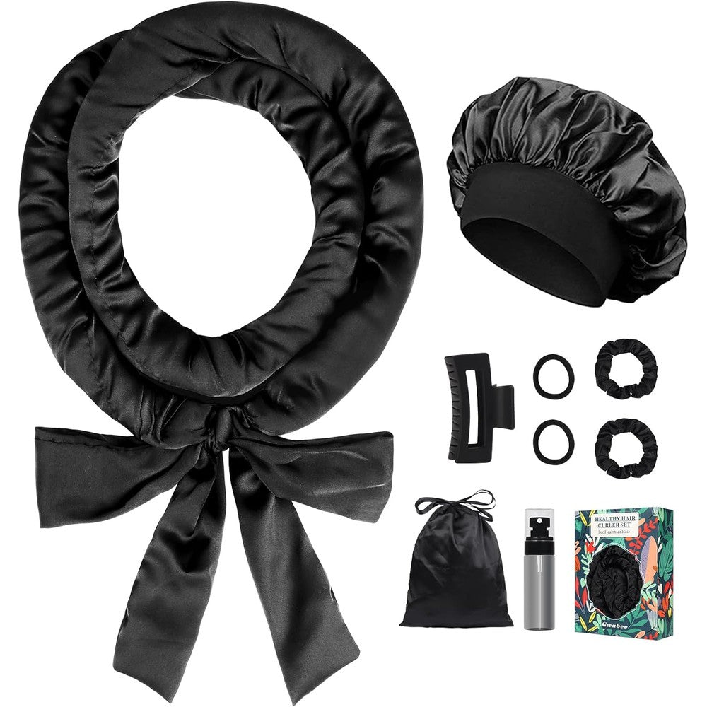 Gwabee satin heatless overnight hair curlers 9 piece black set front view showcasing the 70 inch curling rod and accessories.