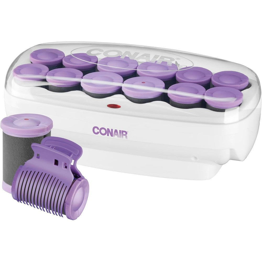 Conair ceramic flocked hot rollers front view showcasing the white heating base and purple rollers.