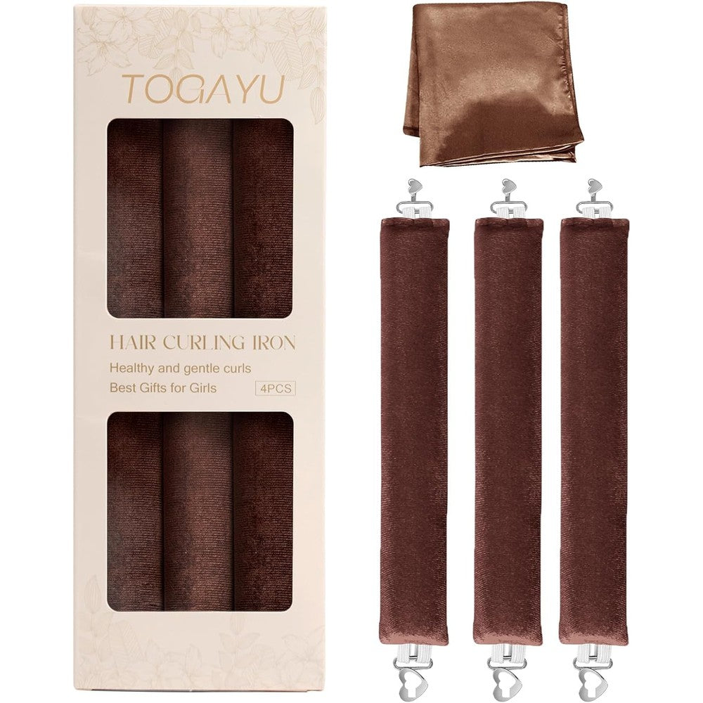 Togayu heatless curls overnight hair care set front view with three brown velvet curling rods and matching satin bonnet.