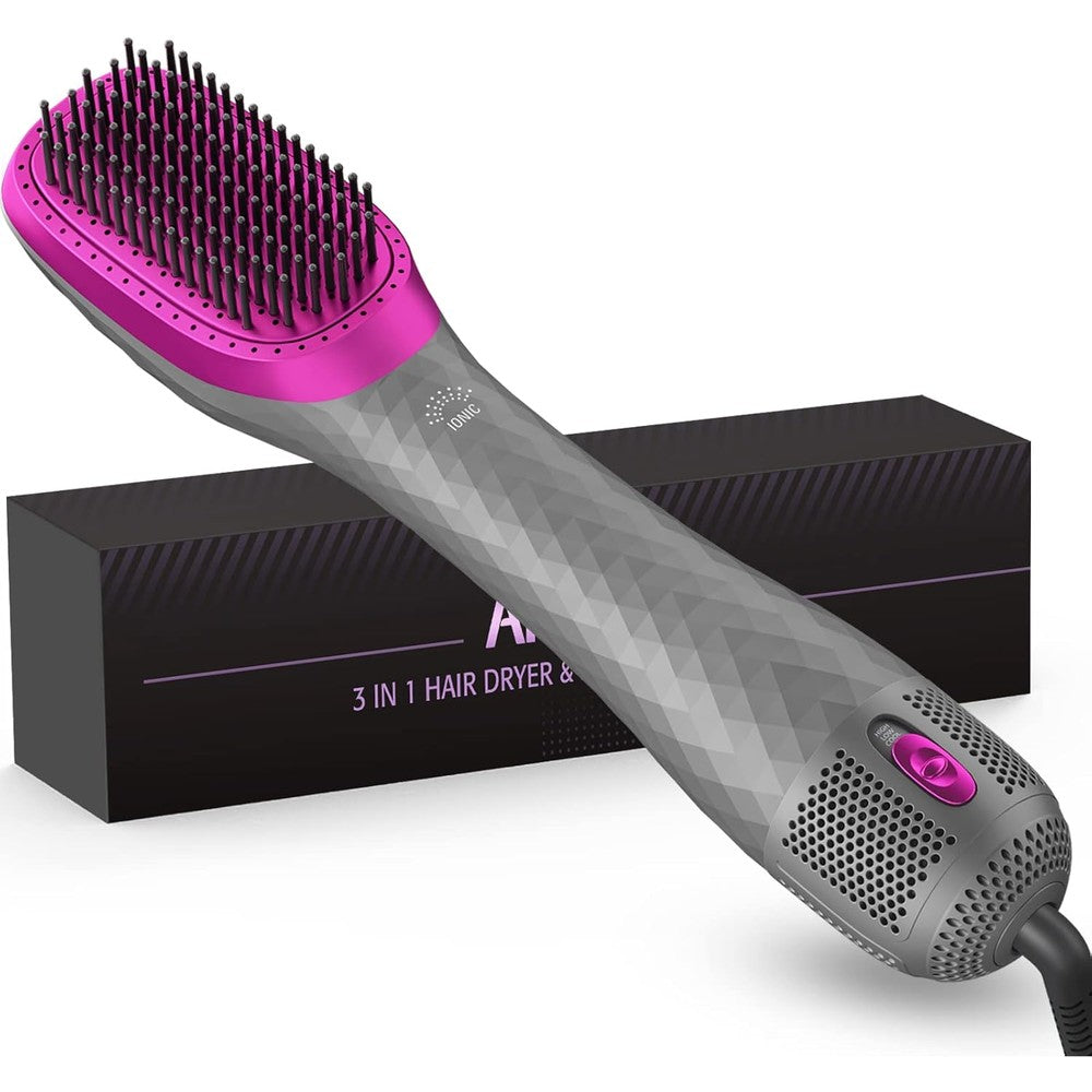 APOKE 3 in 1 hair dryer brush professional 1200W gray color front view showing the oval ceramic tourmaline barrel and control switch.