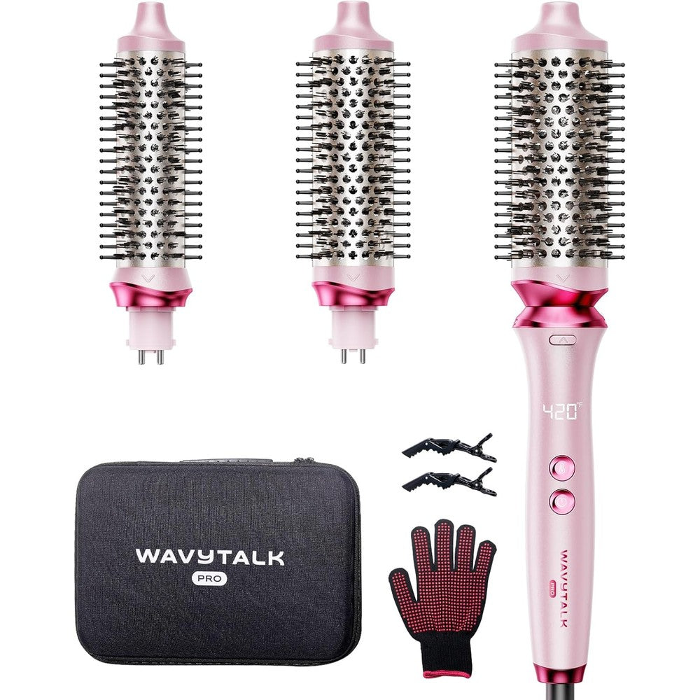 Wavytalk Heatwave Pro Ionic Thermal Brush Set front view showing the pink handle and interchangeable barrels.