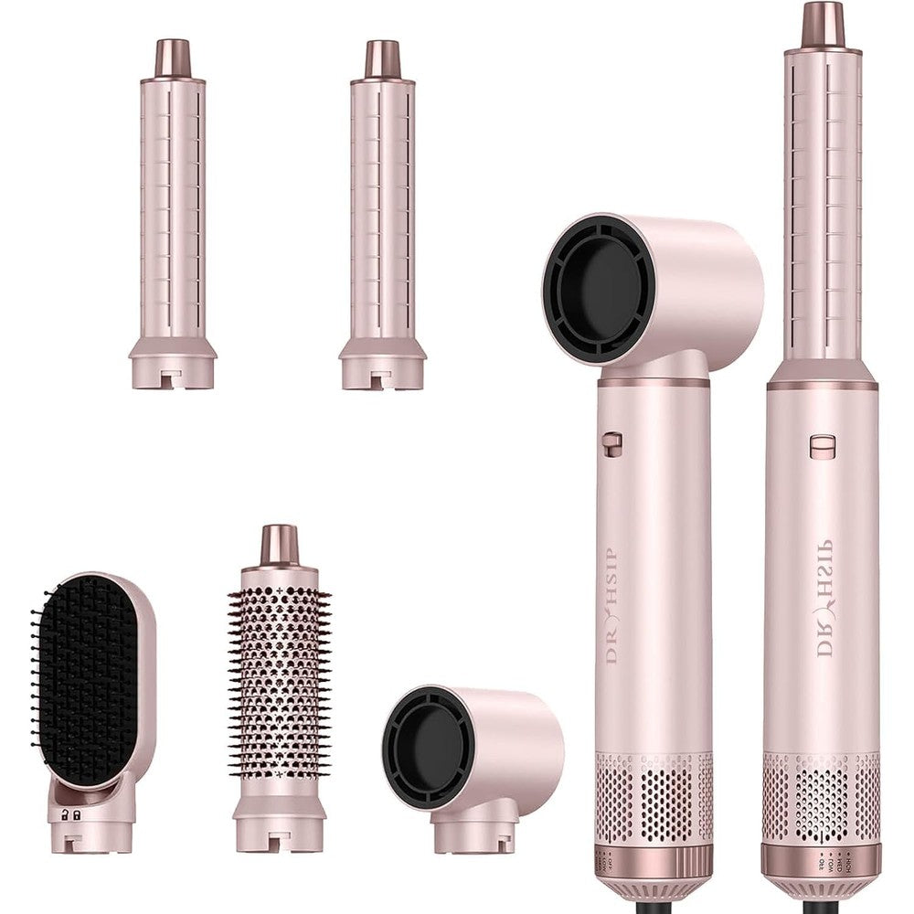 Dryhsip 5 in 1 hair styler air dryer brush front view showing pink main handle and ceramic styling attachments