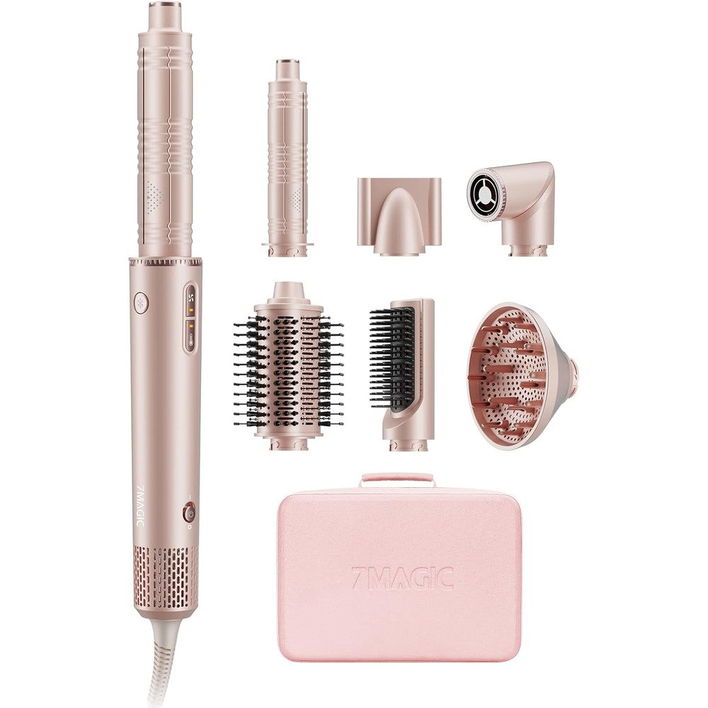 7MAGIC 7 in 1 Hair Styler front view showing the pink main wand and elegant controls for home blowouts.