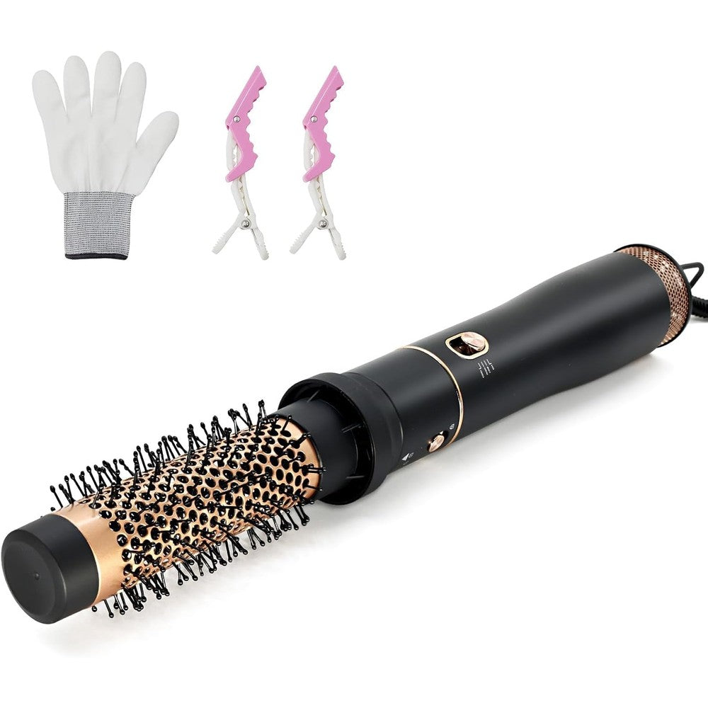 USbelff round hair blow dryer brush front view showing the black and golden ceramic barrel design