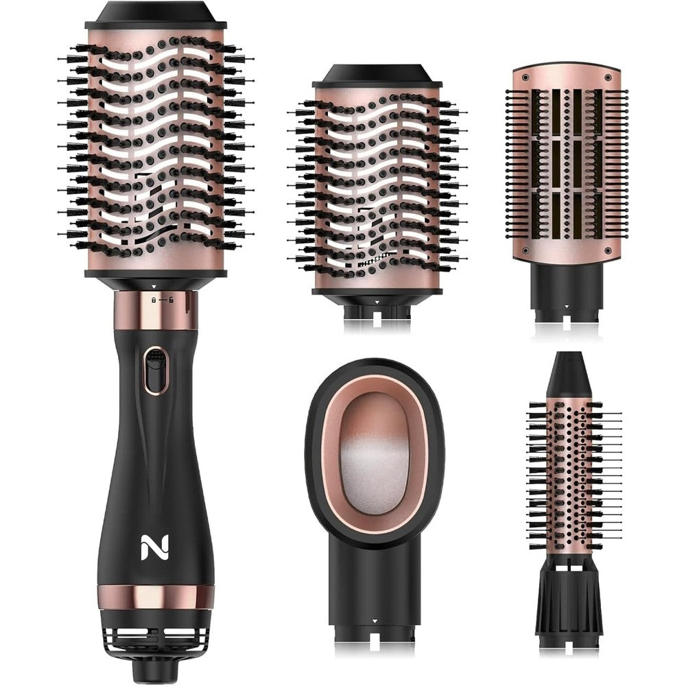 Natrial hair dryer brush front view showing the black and pink gold body and premium ceramic barrel
