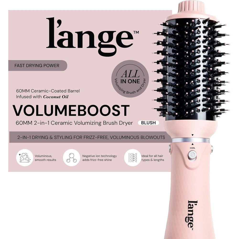 L'ANGE HAIR VolumeBoost 60mm 2-in-1 Ceramic Volumizing Brush Dryer front view showing the blush colored barrel and bristles