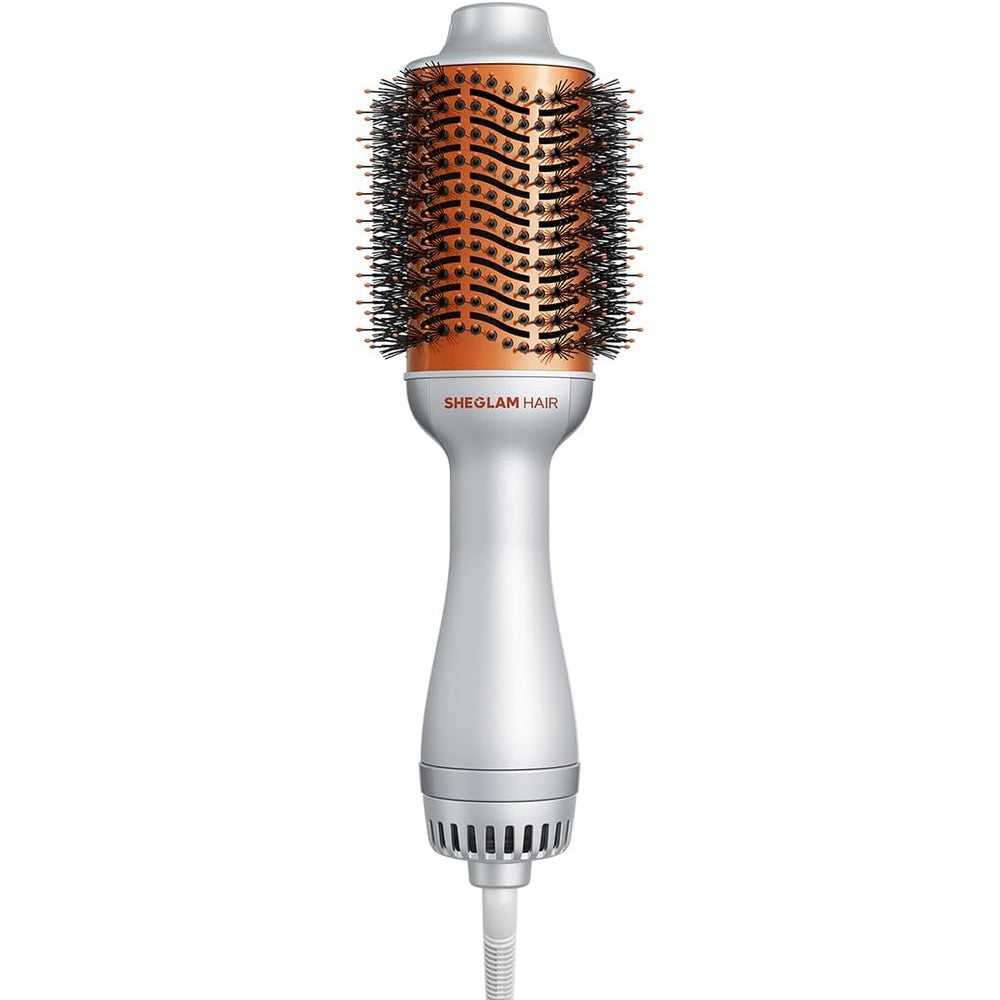 SHEGLAM 4 in 1 Hot Air Brush front view showing ergonomic handle and oval barrel for frizz free styling