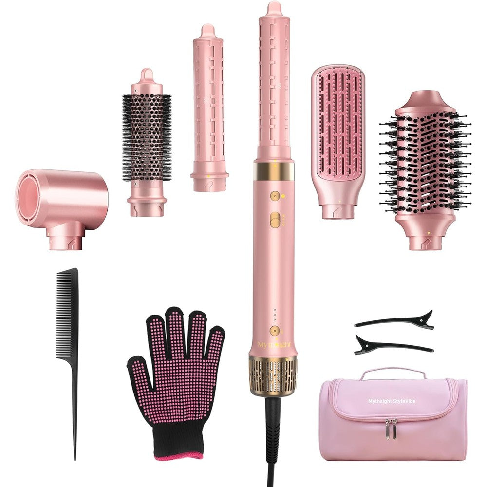 Mythsight StyleVibe 6-in-1 Air Styler main wand and attachments displayed neatly on a flat surface.