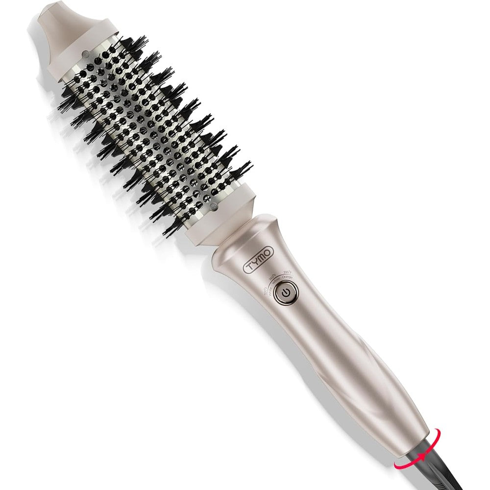 TYMO STYLUX Thermal Brush front view showing the gold ceramic barrel and adjustable nylon bristles for professional hair styling.