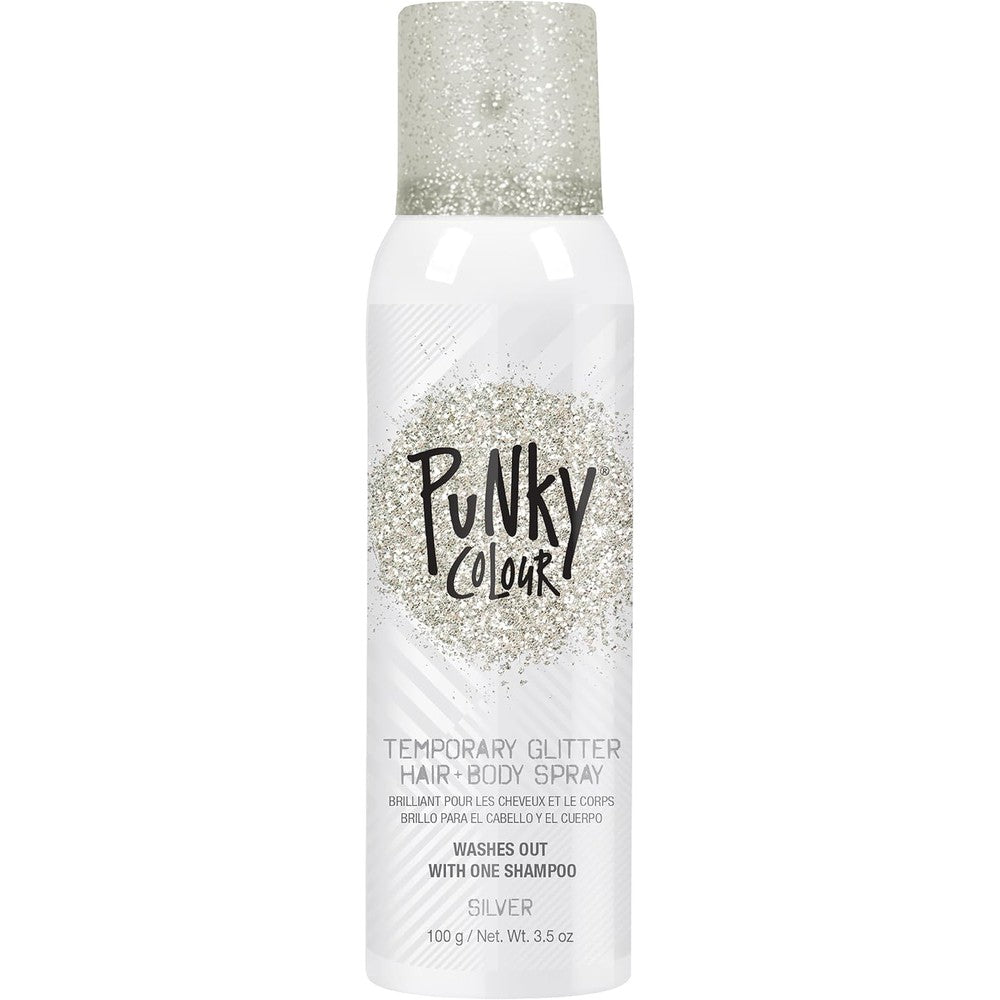 Jerome Russell Punky Temporary Hair and Body Glitter Spray Silver front view packaging