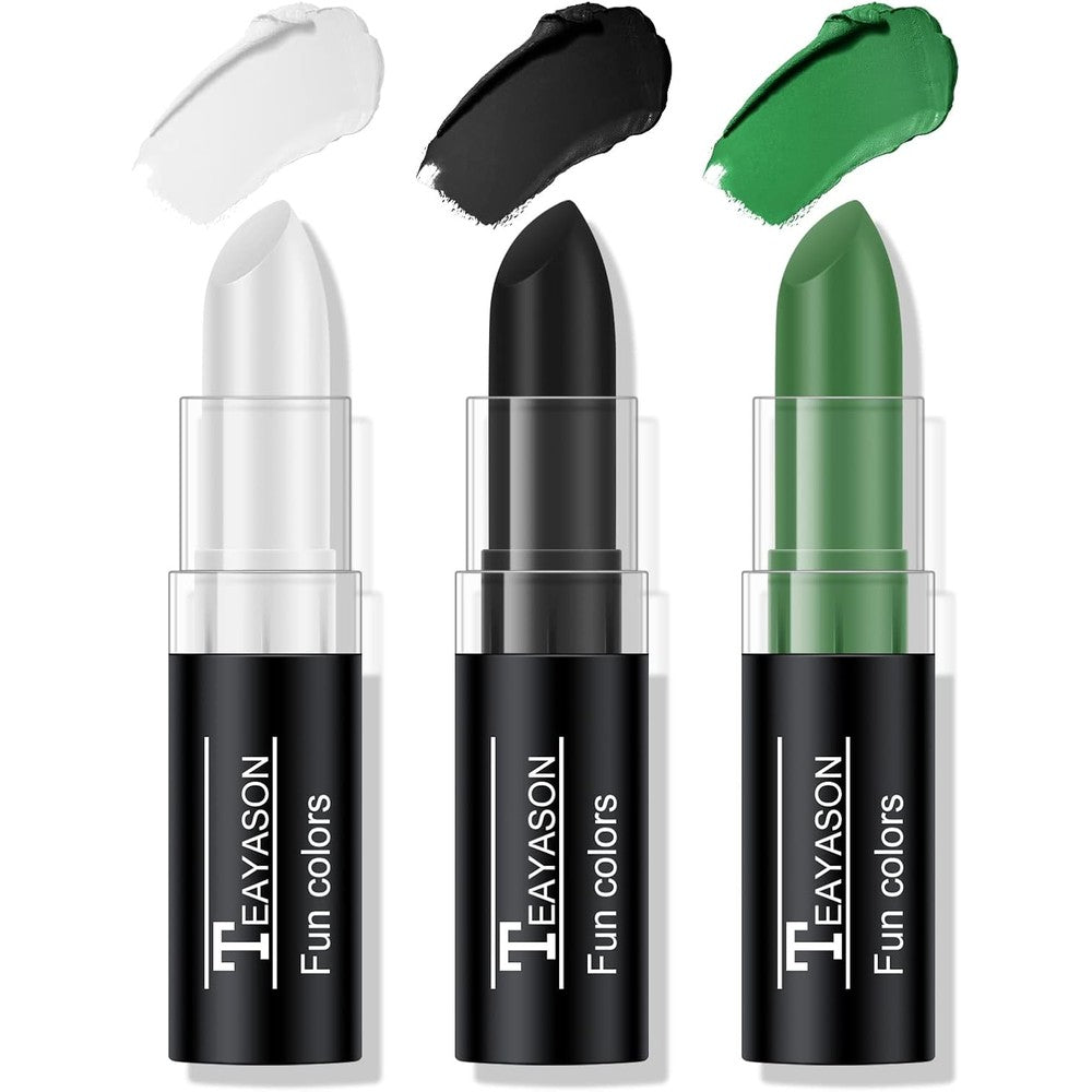 Freeorr 3 Colors Face Body Paint Stick set showing white, black, and green twist-up tubes for sports and cosmetic application.