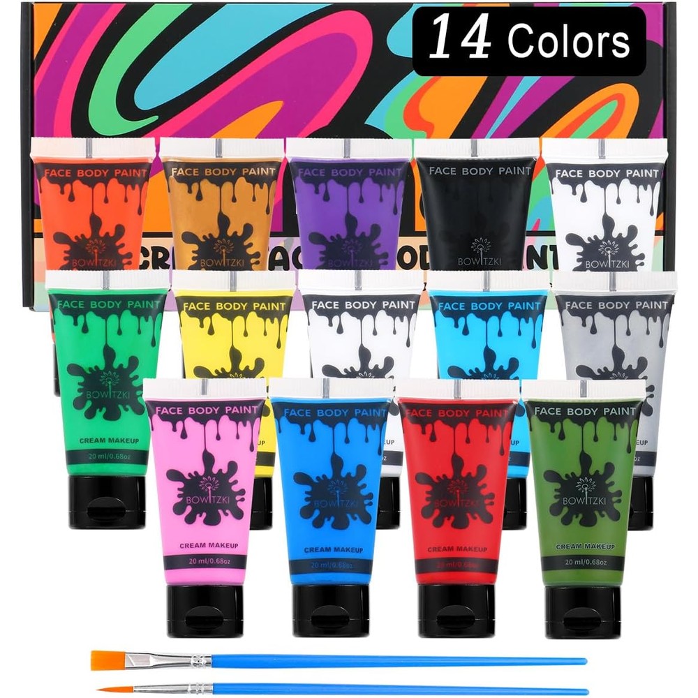 Bowitzki 14 Colors Face Body Paint Set front view showing individual cream tubes and brushes for cosplay makeup.