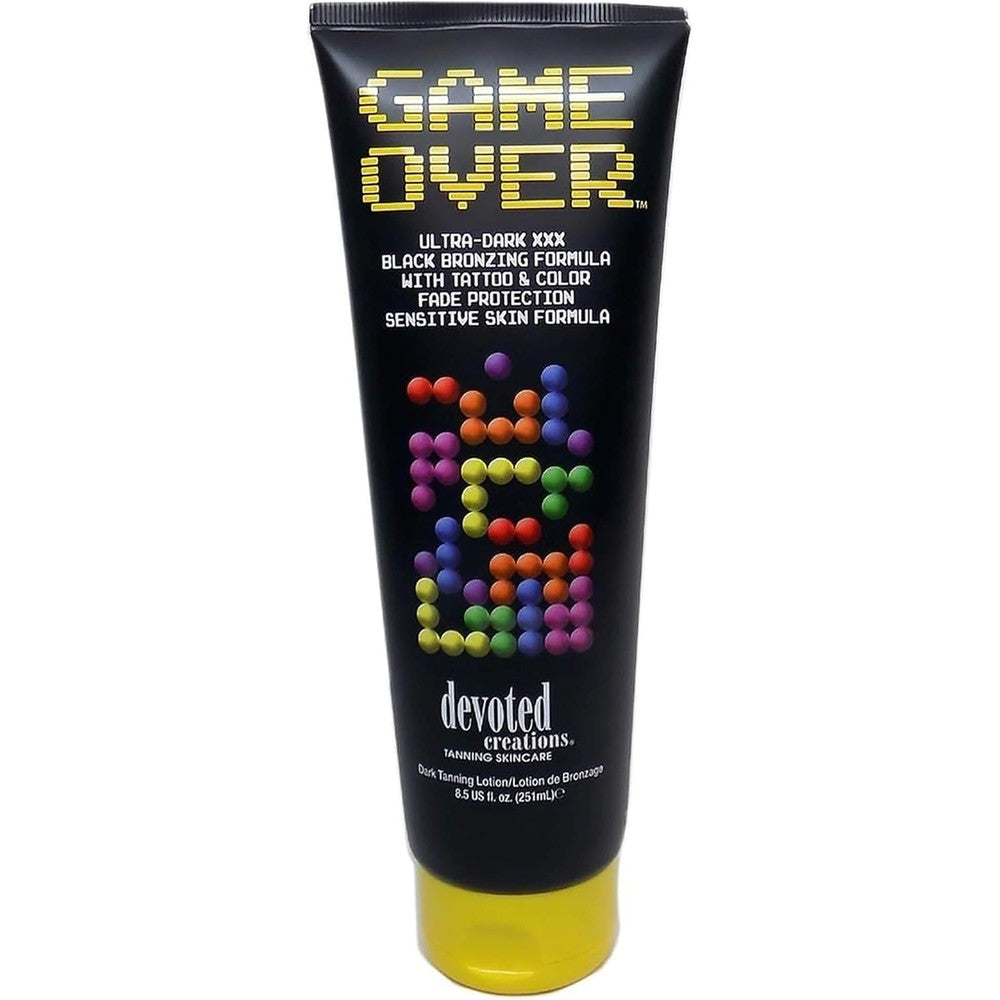 Devoted Creations Game Over Ultra Dark XXX Black Bronzing Tanning Lotion bottle front view