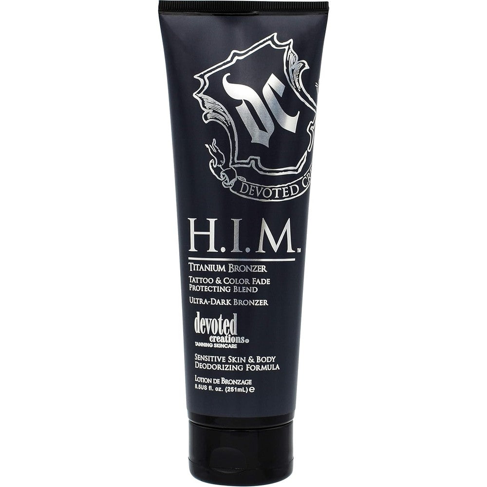 Devoted Creations H.I.M. Titanium Bronzer tube front view for men.