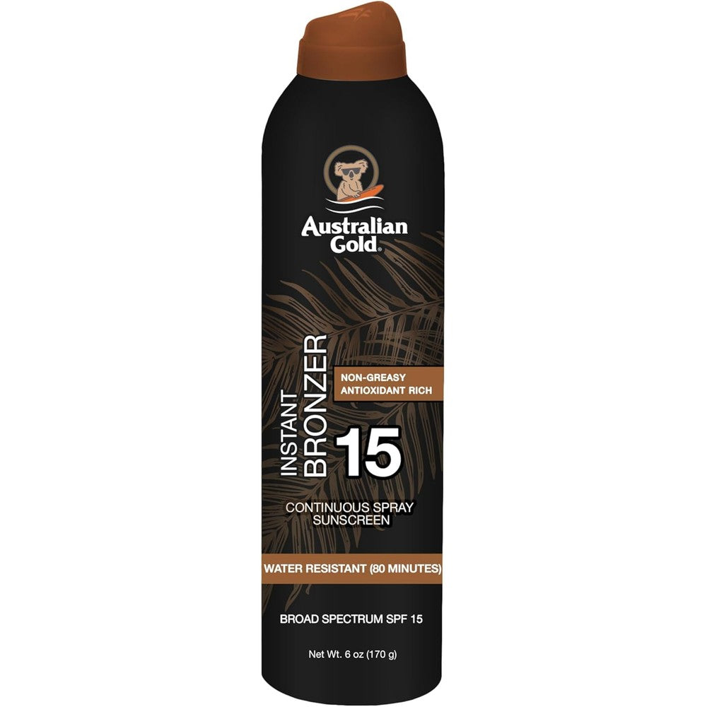 Australian Gold Continuous Spray Sunscreen with Instant Bronzer SPF 15 bottle front view