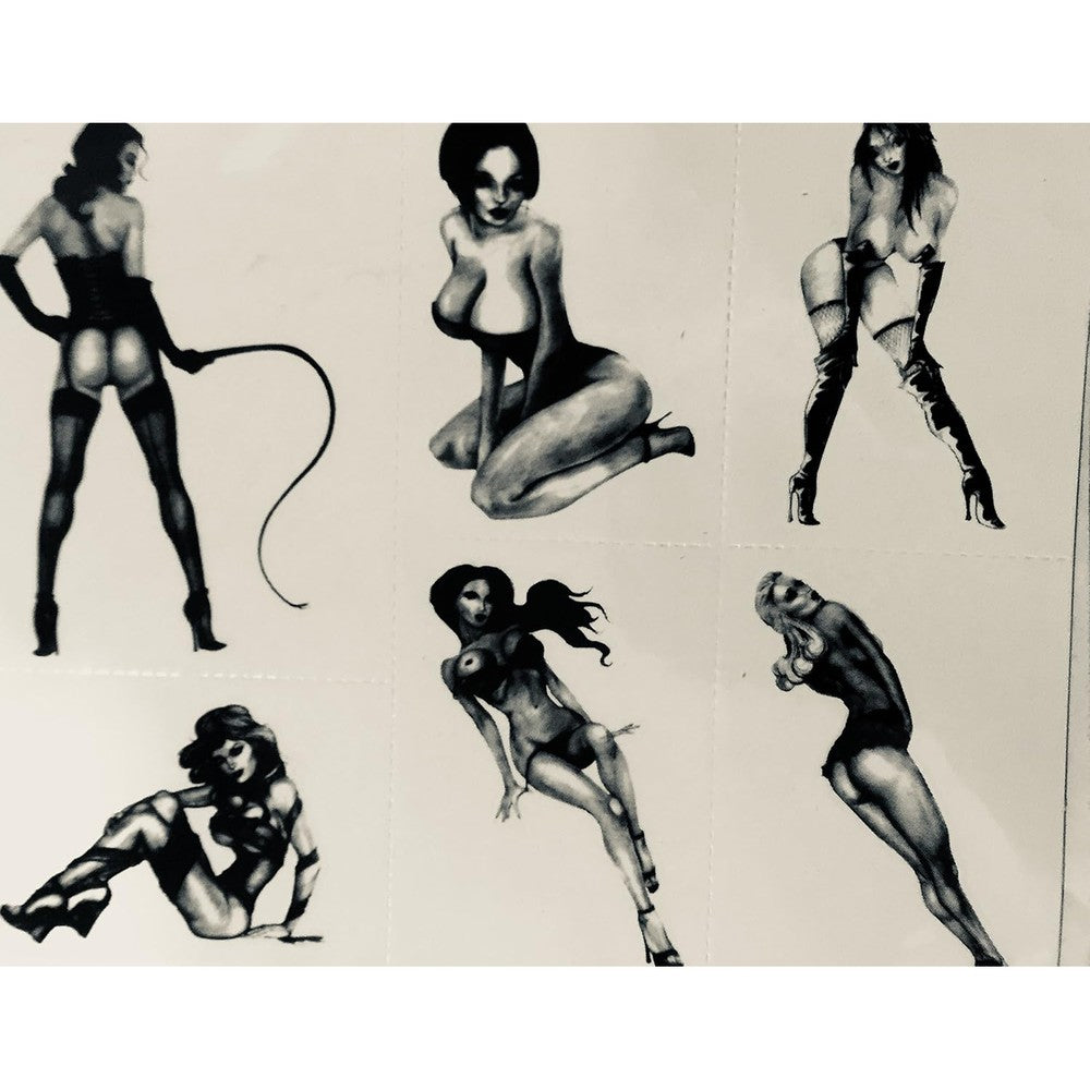 Definitions retro pinup girls black henna style temporary tattoos sheet front view showcasing six vintage body art designs.