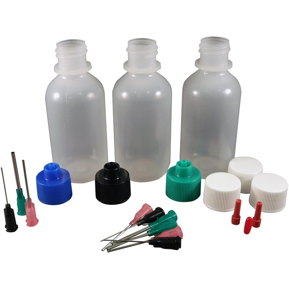 Jensen Global Henna Kit front view showing three premium two ounce bottles and colorful precision dispensing tips.