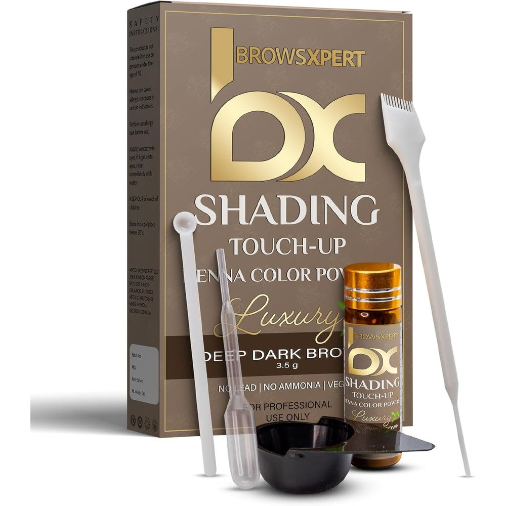 Brows Xpert Professional Shading Touch Up Kit front view showing deep dark brown henna powder box