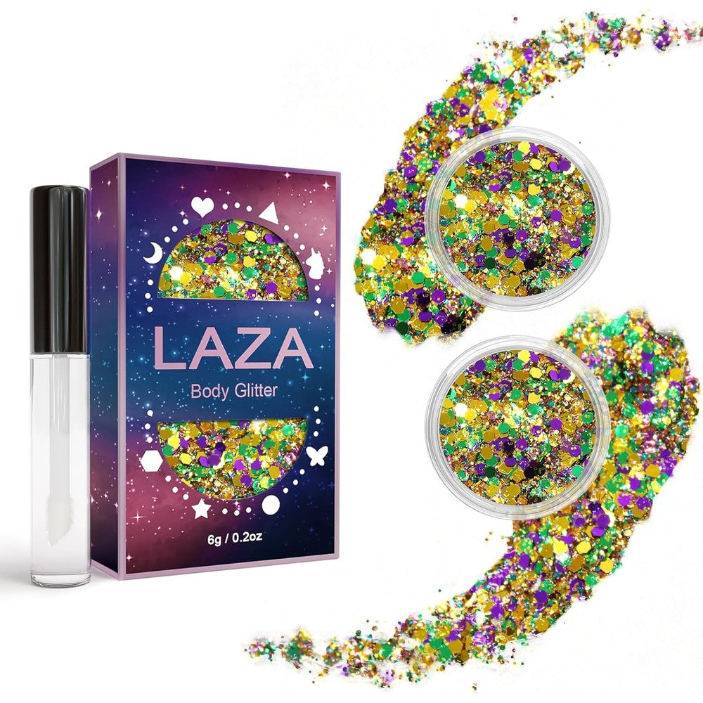 Laza Mardi Gras Body Glitter two jar set with gold purple and green chunky sequins front view