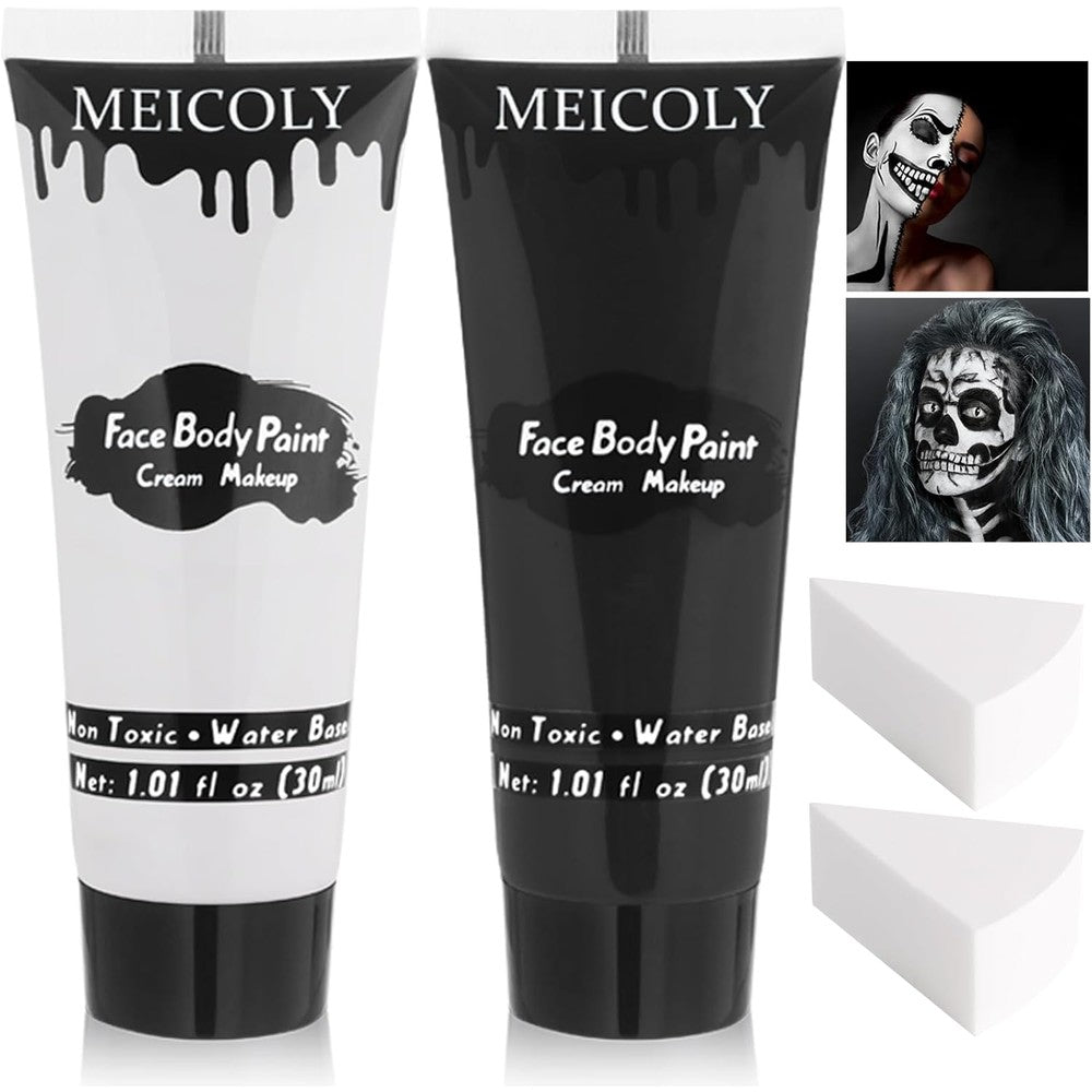MEICOLY Black and White Face and Body Paint Kit front view with included application sponges