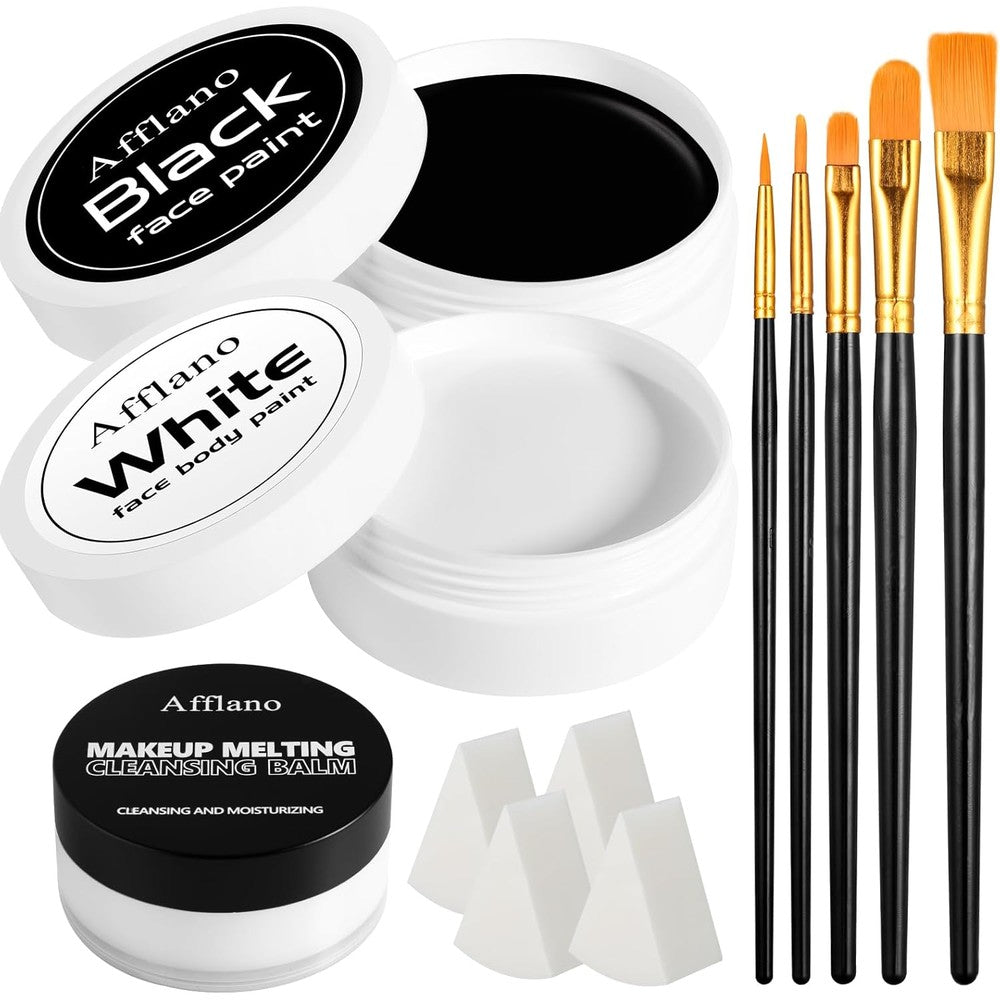 Ecofavor Black and White Face Paint Kit front view with jars and tools