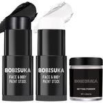BOBISUKA Black and White Face Paint Sticks with a jar of translucent setting powder