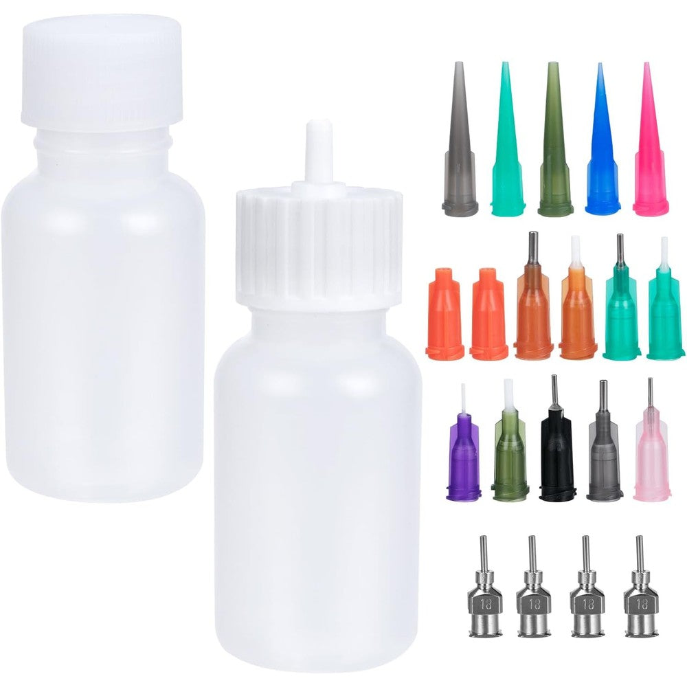 Ruibow jagua henna applicator bottles kit front view featuring transparent squeeze containers and various precision tips for body art.