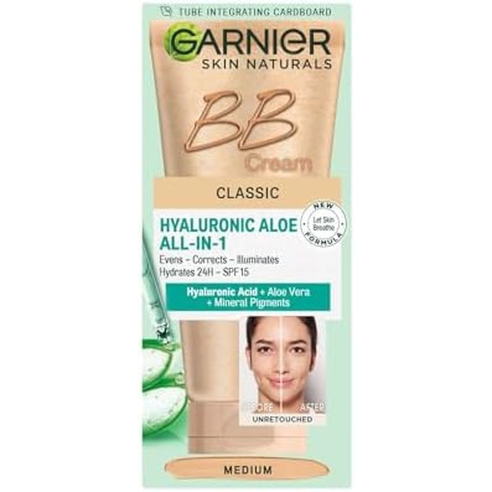 Garnier Skin Naturals Classic Hyaluronic Aloe All-in-1 BB Medium Cream 50ml front view bottle for daily skin correction.
