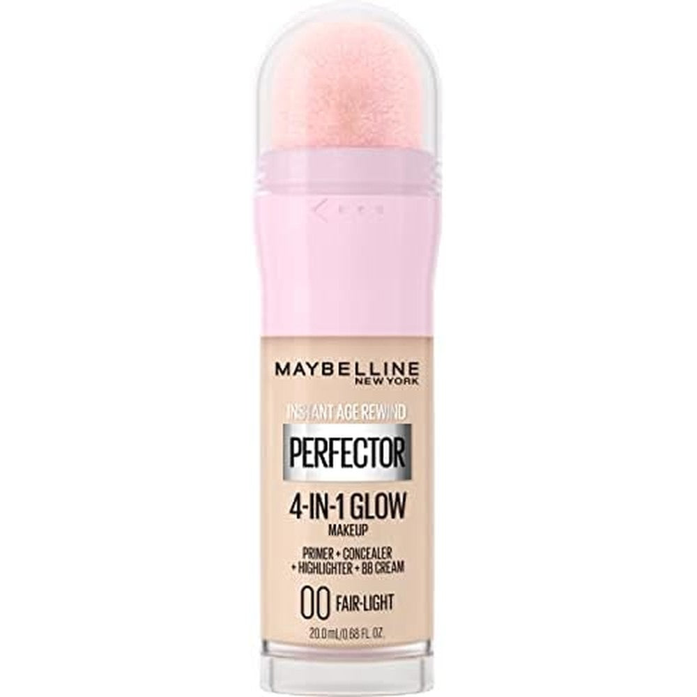 Maybelline New York Instant Age Rewind Perfector 4-In-1 Glow Makeup front view bottle with sponge applicator.
