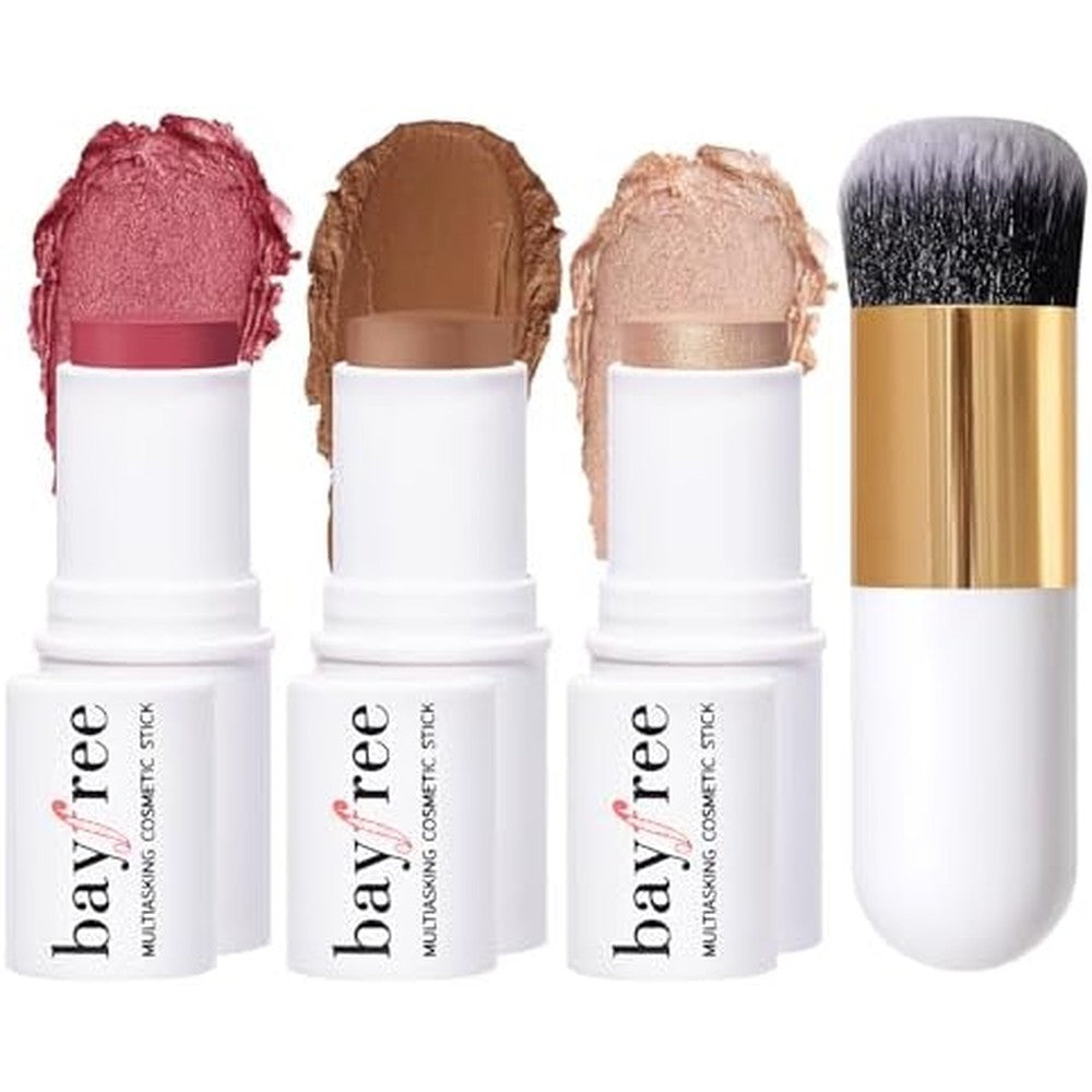 KIMUSE Face Sticks Trio and Cream Blush front view showing three makeup sticks and a white blending brush.