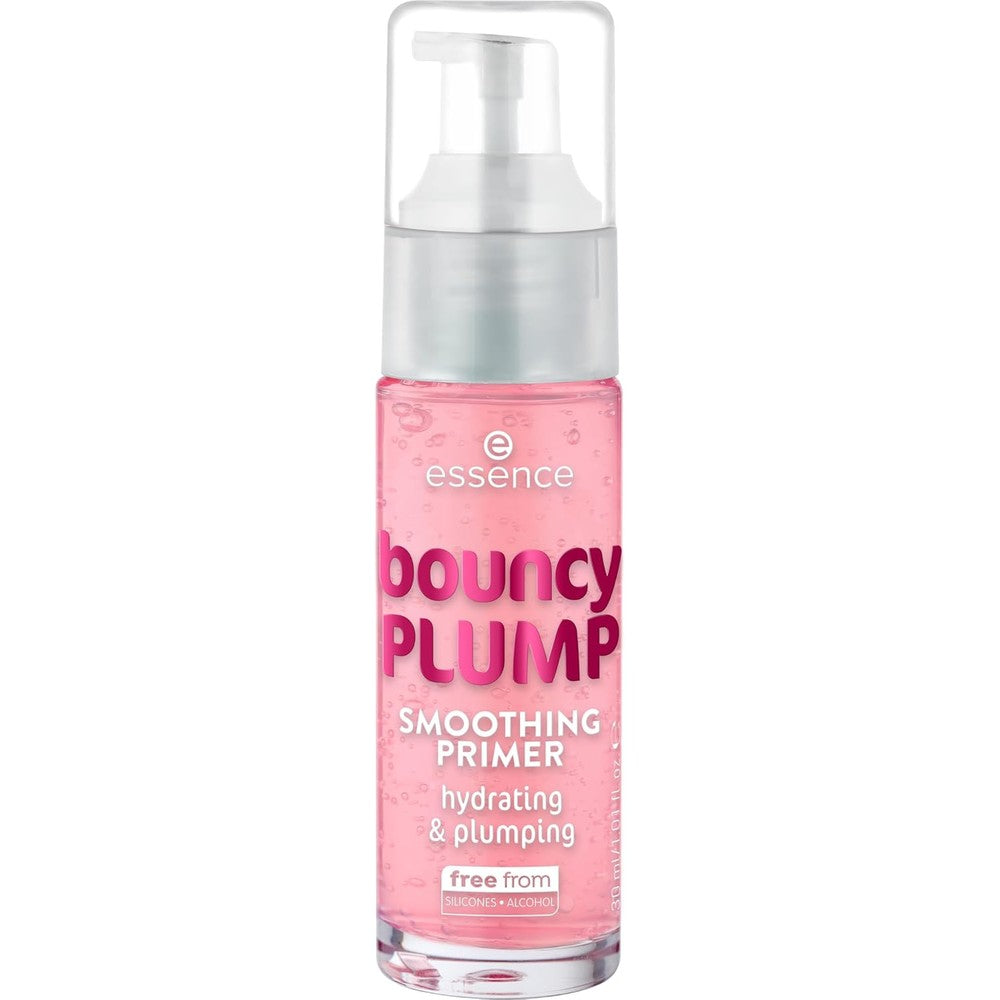 Essence Bouncy Plump Smoothing Primer front view bottle showing pink cooling gel texture