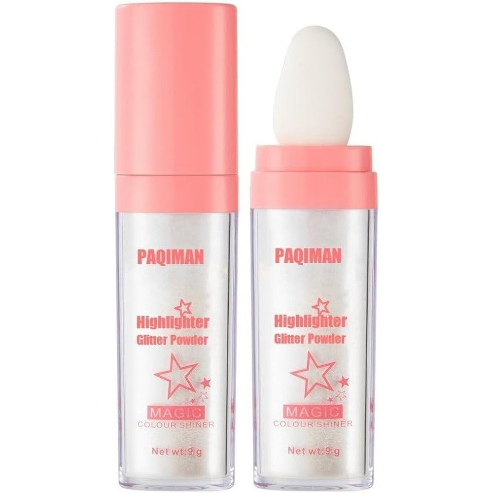 Paqiman glitter powder highlighter front view showing the pink lid and sponge applicator stick.