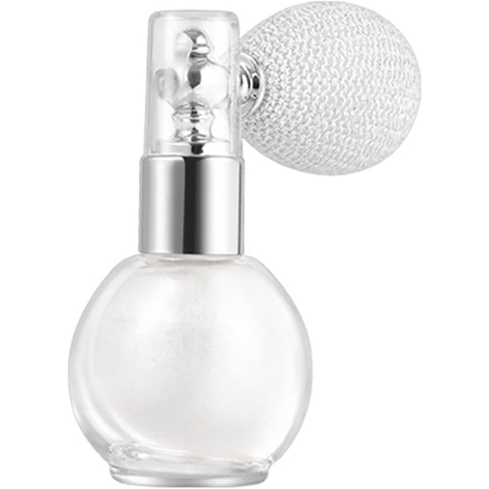 Minkissy face body hair glitter highlighter spray pearl white front view glass bottle with white puff atomizer