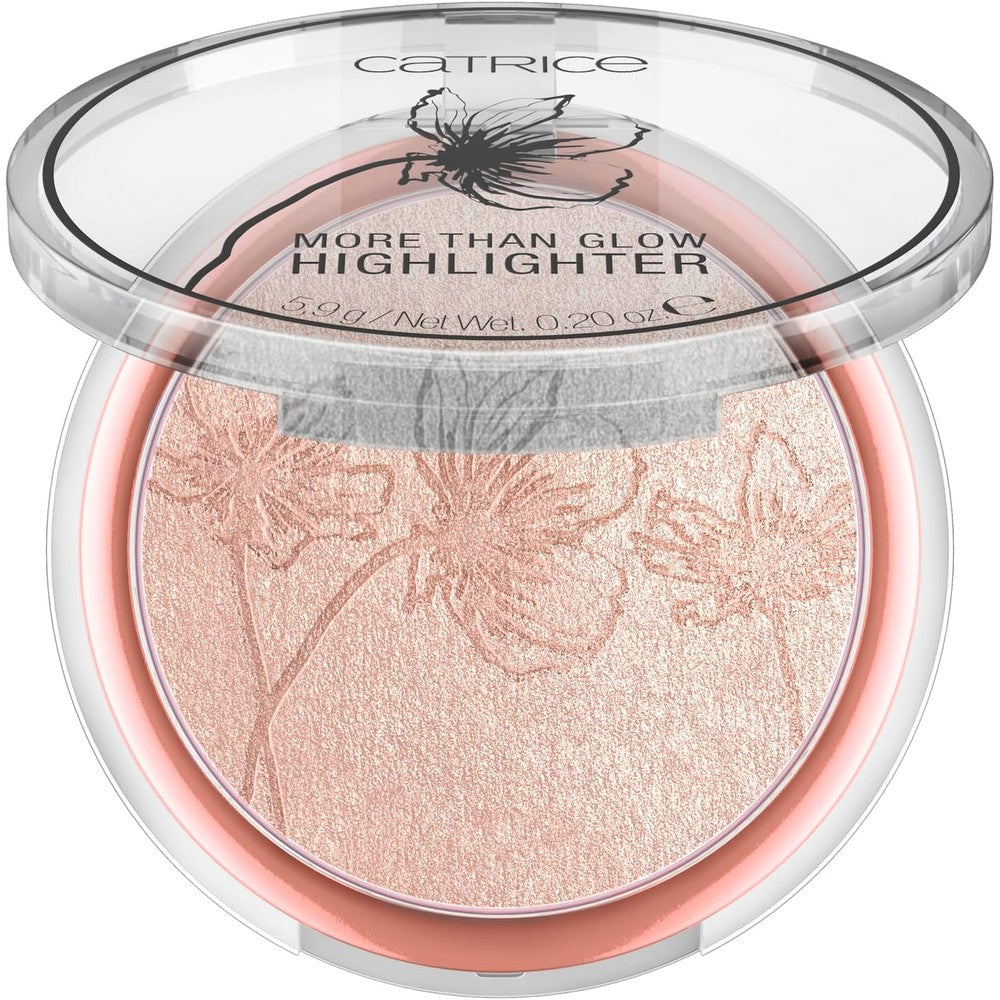 Catrice More Than Glow Highlighter Supreme Rose Beam front view showcasing the patterned pressed powder compact.