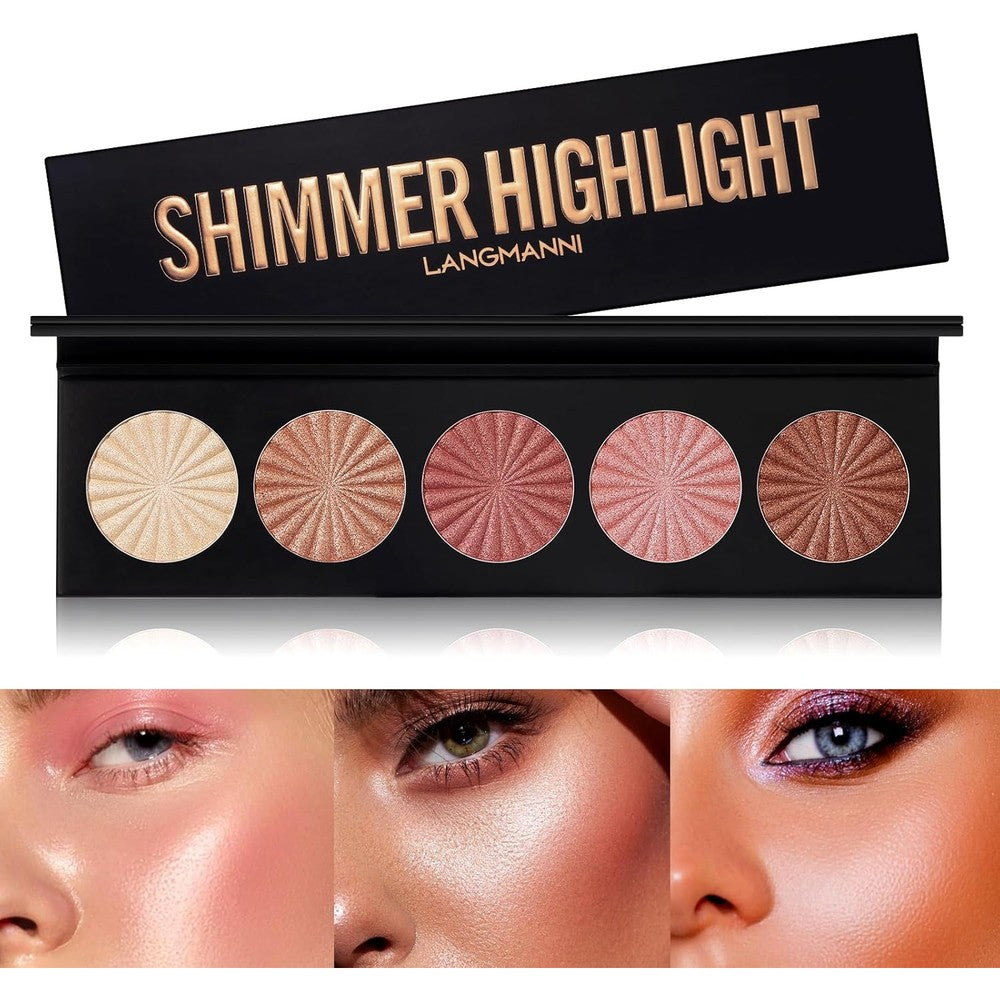 Langmanni highlighter powder palette front view showing five shimmer shades in a black compact.