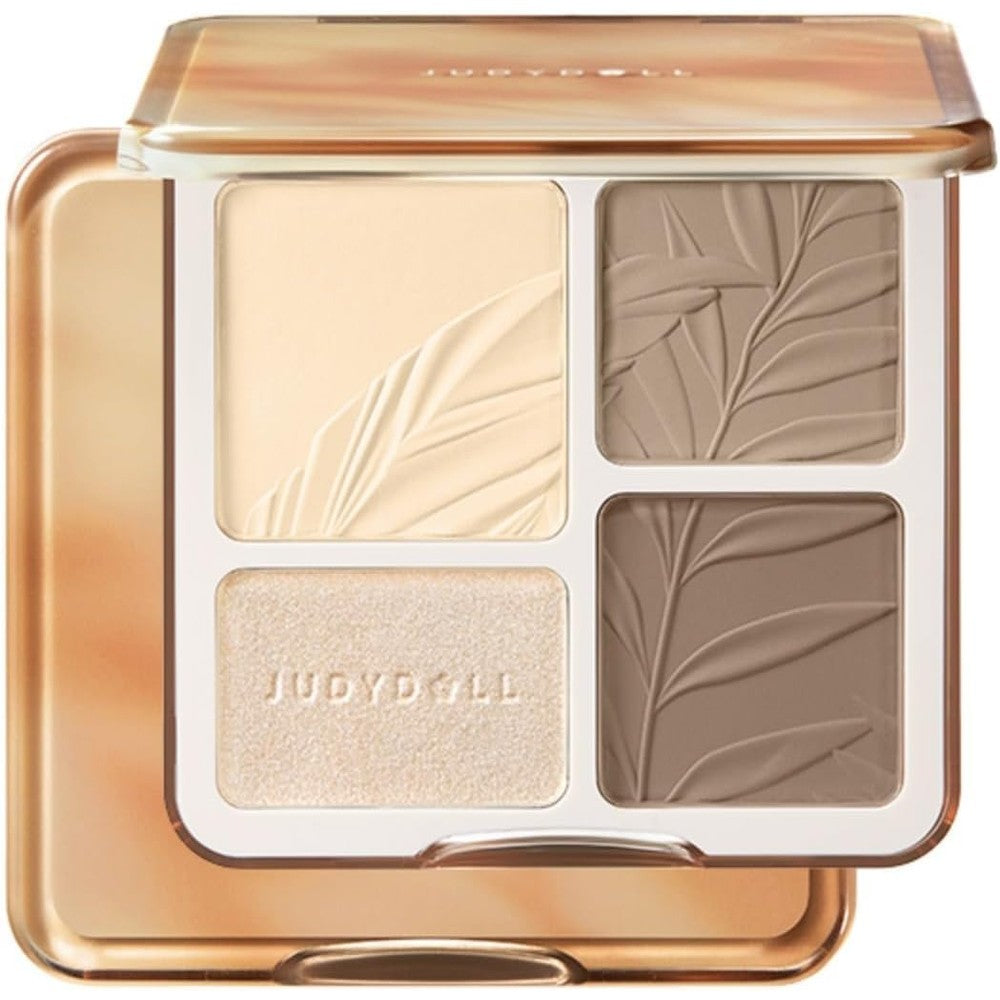 JUDYDOLL Highlight and Contour Palette front view showing the 4-color layout in 02 Tree Shadow.