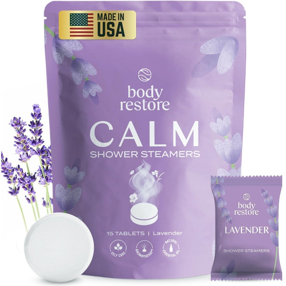 Body Restore Lavender Shower Steamers 15 pack box front view showing packaging