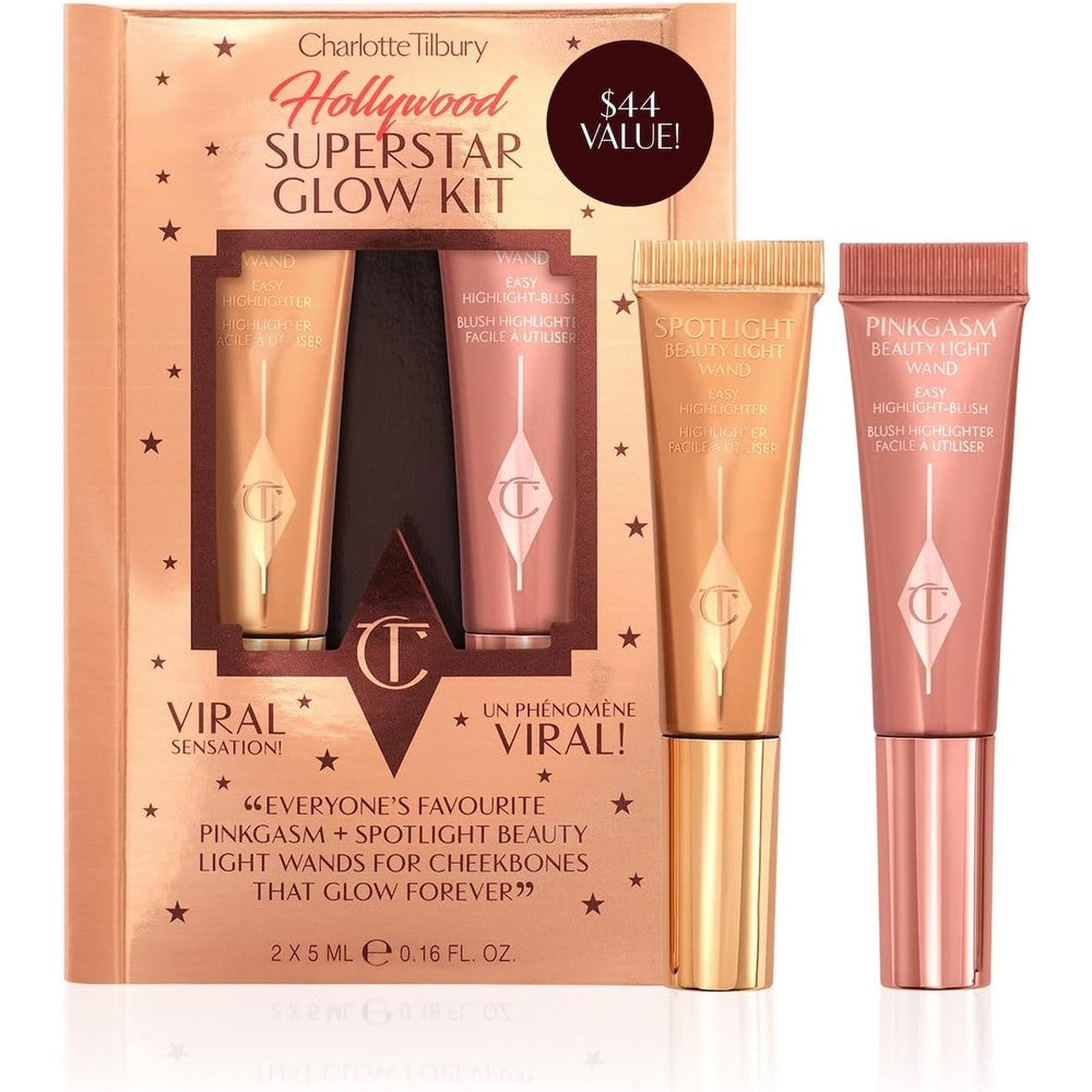 Charlotte Tilbury Hollywood Superstar Glow Kit front view showcasing the two mini liquid beauty light wands