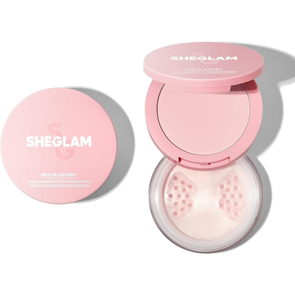 SHEGLAM Insta-Ready Face Powder Bubblegum front view packaging of the dual compartment setting powder