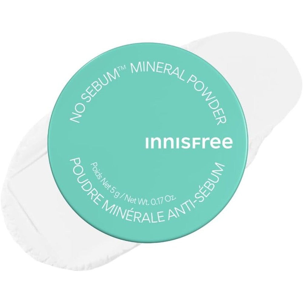 Innisfree No Sebum Matte Mineral Powder front view showing the mint green lid and compact container for oil control