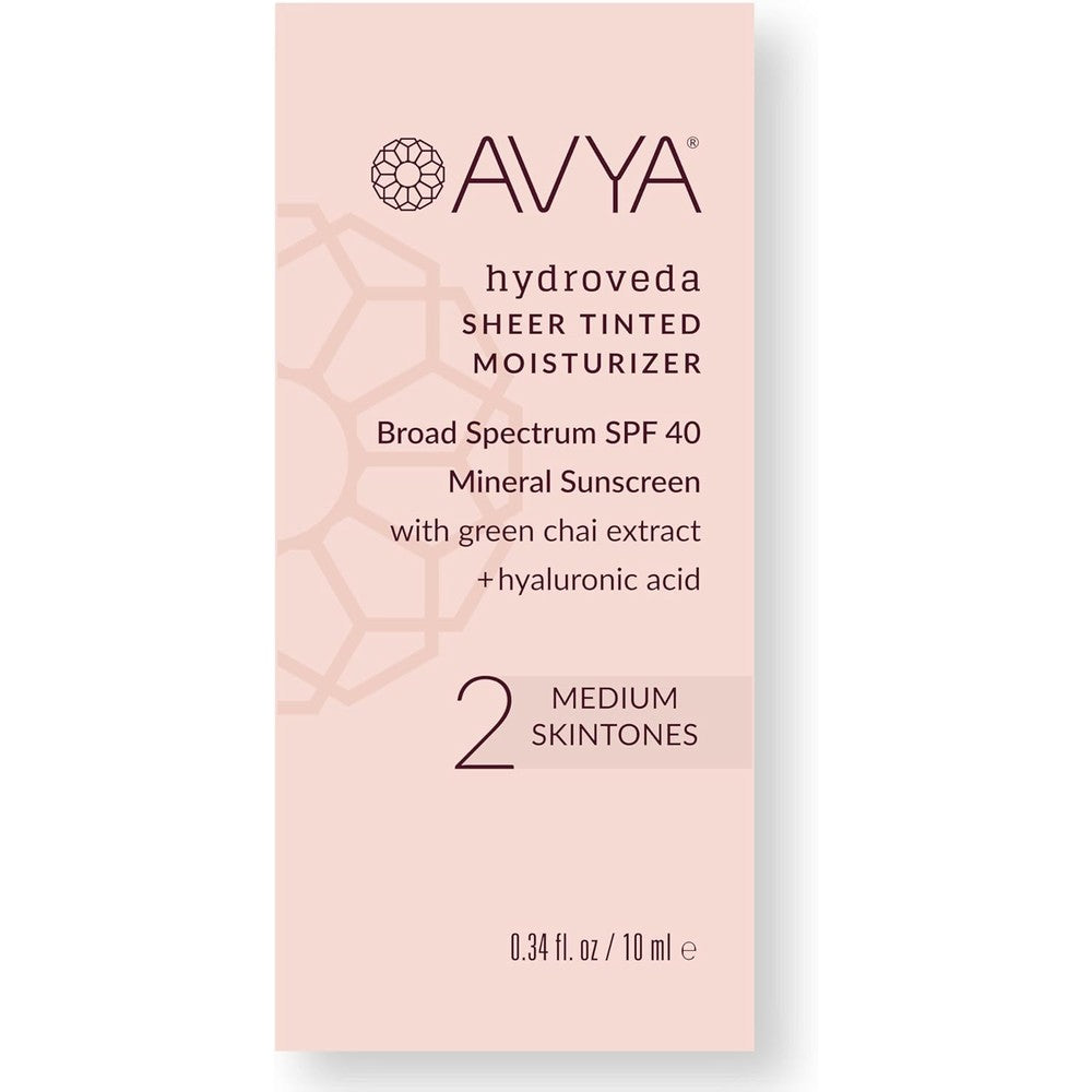 AVYA Skincare Hydroveda SPF 40 Sheer Tinted Moisturizer Medium Shade 2 front view packaging