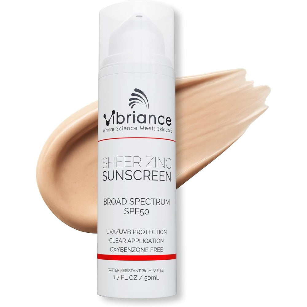 Vibriance Sheer Zinc Sunscreen bottle showing SPF 50 tinted face protection